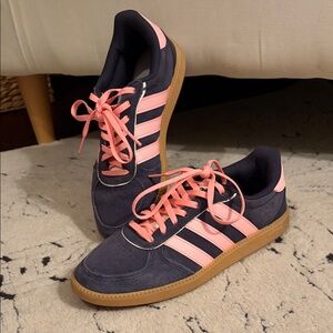 adidas Navy Suede Sneakers with Pink Stripes and Laces